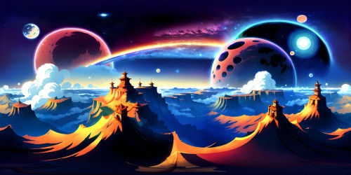 VR360 view of grand, vast, endless expanse, rainbow nebulae, sparkling constellations, satellite galaxies, ultra high resolution, photorealistic style. Star-glazed universe backdrop, surreal, cosmic rays, interstellar clouds. Glossy, chrome-effect comet tails, masterpiece level of detail.