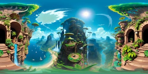 Ultra high res VR360 view, masterpiece artwork style, Pandora-like jungle, fantastic mythical creatures lurking, lush vegetation in foreground, awe-inspiring visuals, mesmerizing colors, best quality rendering.