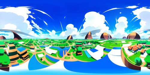 Masterpiece quality, ultra high-res VR360 scene, Picasso's Cubism meets digital art, fragmented reality, geometric shapes, vibrant color contrasts. VR360 surreal cityscape, sky speckled with floating islands, light reflections bounce off glass buildings.