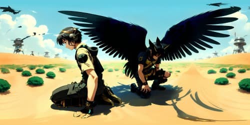 a man with HUGE black-feather wings (kneel down on desert ground) DARK environment 