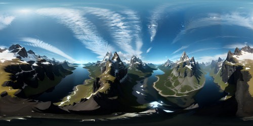 Masterpiece digital painting, VR360 ultra-high resolution, majestic Alpine mountainscape, snow-kissed peaks, jagged cliffs, deep emerald valleys. Glacier-fed lakes mirror flawless azure sky, VR360 reflection. Detail-rich texture, sharp contrast, captivating light-shadow interplay.