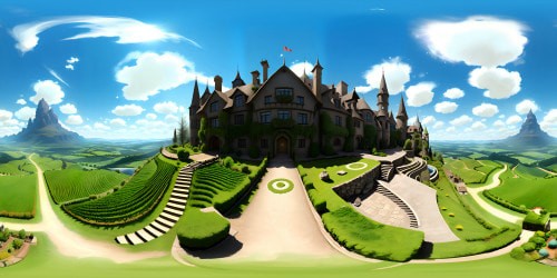 Swiss château restaurant VR360, ultra-high res, architectural elegance, Belgium countryside VR360 backdrop, rolling hills, lush vineyards. Golden sunset, masterpiece clouds, optical quality in VR360. Ultra High-res, sharp realism, depth in textures, best quality masterpiece.