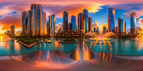 An architectural marvel of a futuristic cityscape at golden hour, skyscrapers reaching the clouds, neon lights casting a vibrant glow, bustling hovercars in the streets, reflecting pools mirroring the flawless sunset, dynamic and detailed, a digital masterpiece in ultra-high resolution.