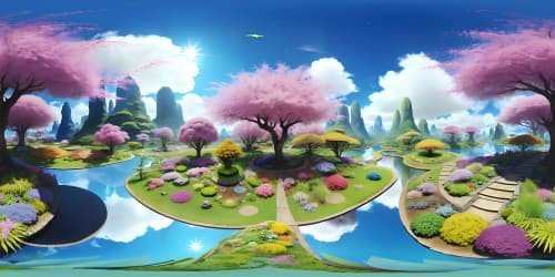 Ultra-HD, whimsical realism, VR360 Japanese botanical garden, elevated skyview. Vibrant, rainbow-tinted blossom array, minimalist foreground. Emphasis on expansive, grand flora panorama. Intensity of color, masterly quality, highlighted for VR360 enchantment.