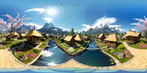 VR360 Japanese village, dawn mist, thatched-roof houses, pink cherry blossoms. Snow-capped mountains, serene VR360 view, stone paths, lantern lighting. Koi pond, arched wooden bridge. Ultra-high resolution, sketchy anime style, layered watercolor hues. Masterpiece, crisp detailing.