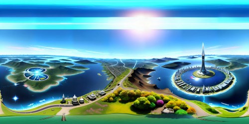 futuristic view of a city from the top of mount fuji with random pokemon in the space outside the city