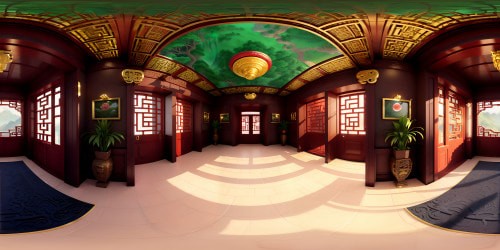 Chinese-style house, VR360 grandeur, prominent carved dragon beams, red lacquered pillars. Majestic, sweeping tile roofs, imposing stone lion guardians, VR360 spectacle. Radiant gold accents, intricate jade ornaments. Ultra HD, high-res, immersive Chinese artistry. Masterpiece quality, lavish detail, Pixar-style vividness, saturation.