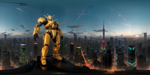 Tokyo cityscape, towering Gundam, neon lights, VR360 ultra high-res. Glowing cyber punk aesthetics, chrome surfaces, skyscrapers, layered holographic billboards. VR360 city skyline, dusk palette, masterpiece quality, high-tech titanic robot.