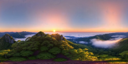 looking out through a gap in the densely forested hills of Japan. Lightly shrouded in patches of mist, at dawn. The sun filters soft pink and yellow light through the air. Birds can be seen flying in the distance. Calm, uplifting atmostphere.