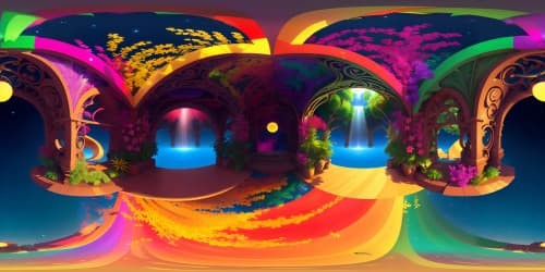 Ultra HD quality, masterpiece depiction, ethereal waterfall, glittering droplets, soothing mist, fungous embellishments, luminous rainbow arch, VR360, fantasy-digital hybrid style, VR360