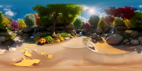 VR360 masterpiece, ultra HD quality. Crystal clear babbling stream, radiant fish gliding through water, autumn foliage reflecting. VR360 immersive experience, vibrant leaves, chestnut, amber, gold. Style: Realism, heightened color saturation, detailed texturing.