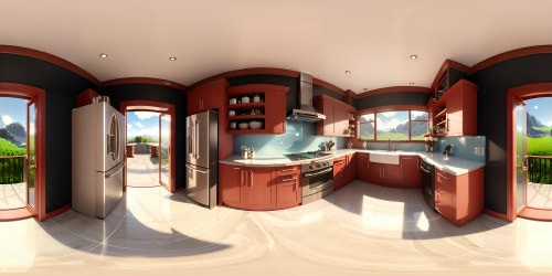 Luxe home kitchen VR360 view, top-tier appliances, elegant marble countertops, gleaming copper pots, walls adorned with vibrant art, crystal chandelier casting prismatic colors. Detailed, ultra-high resolution, like an oil masterpiece, for a grandiose VR360 kitchen experience.