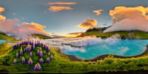 A flawless, ultra-high resolution depiction of an Icelandic summer morning, cloaked in a serene fog, reflecting the radiant hues of aqua hot springs amidst lush tundra speckled with vibrant lupine flowers, all under the gentle glow of a stunning sunrise over distant highland mountains.