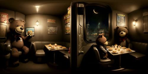 game five night at freddy's restaurant, with u.s. 90s fast food style creepy dark light. with a scary mechanical dark brown teddy bear