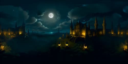 Masterpiece quality, extreme resolution, Dark Souls 1-inspired VR360 panorama. Gothic architecture, intricate stonework, dimly lit lanterns, a foreboding VR360 sky filled with smoky clouds, full moon visible. Dark, brooding anime style.