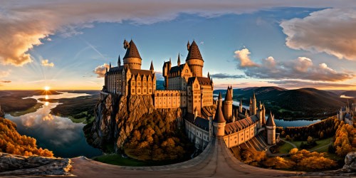 A breathtaking, flawless depiction of Hogwarts Castle at golden hour, nestled amidst enchanting forests and a shimmering lake, with intricate stonework, majestic towers, and turrets, set against a vivid, magical sky, all captured in ultra-high resolution to create a stunning masterpiece of unrivaled quality.