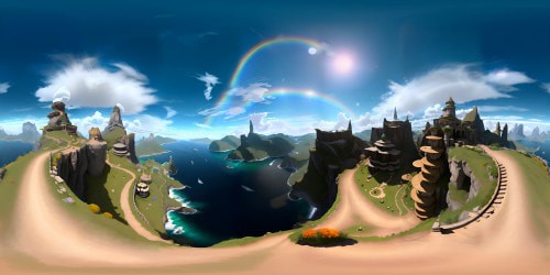 Bright heavenly cloud world with a rainbow bridge and green emerald castle