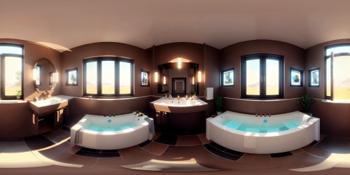 Bathtub, mud, rivulets trickling down porcelain edges, VR360. Dark earthy tones, textured contrasts against pristinely white tub interior, minimalistic simplicity aspect. Subtle sunlight glimmers, Kubrick-style for a cinematic VR360 scene. High-resolution detailing, masterpiece execution, high-quality digital painting.