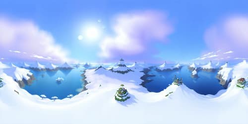 Masterpiece-level detailing, ultra-high resolution, chill aura. Glacial beauty, frost-laced expanses, breath-taking VR360 panorama. Visual richness, ice crystals in precise pixel art, chilling winds rendered in frosty blues and whites. Peaceful, serene VR360 scape. Style: digital realism.