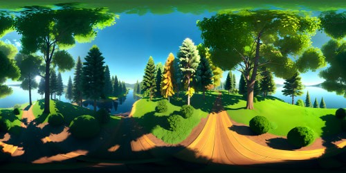 VR360 view, daytime lake, shimmering water surfaces, serene forest backdrop. Mixed deciduous and coniferous trees, lush green foliage. Masterpiece-quality VR360 details, ultra-HD leaf textures, high-contrast sunlight. Reflection on glass-like lake, intricate cloud patterns. Clear blue sky, sunlight filtering through tree canopy. Style: hyper-realism, astounding precision.