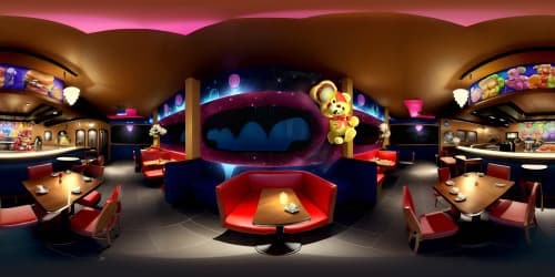 game five night at freddy's restaurant, with u.s. 90s fast food style creepy dark light. with some scary teddy bear