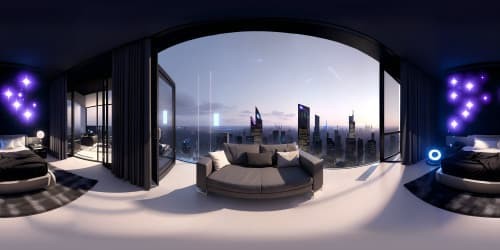 Luxurious penthouse, VR360 skyline view, sparkling city lights, curated art pieces, minimalist design, sleek furniture, floor-to-ceiling windows. Ultra high res, Pixar-style colors, impeccable details, masterpiece execution. VR360, vivid textures, immersive environment.
