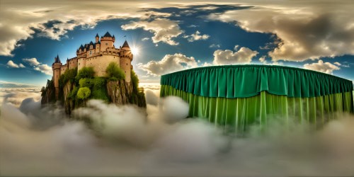 A castle underwater with green curtains in the windows