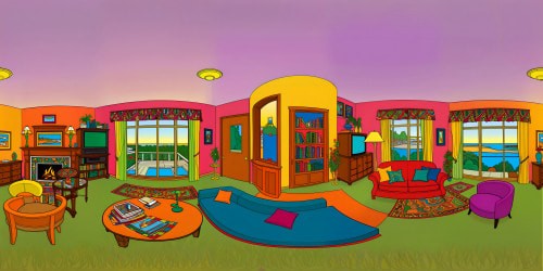 Impeccable rendition of the iconic Simpson's living room in ultra-high resolution, showcasing vibrant colors, intricate furniture details, flawless lighting, and a lively atmosphere, a true artistic masterpiece.
