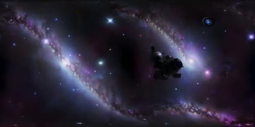 Masterpiece-level quality, ultra-high resolution, surreal art style. VR360 view of magical purple nebula, bright blue star dominating the panorama. Pulsating light diffusing through cosmic dusts, central focus. VR360 details in every pixel.