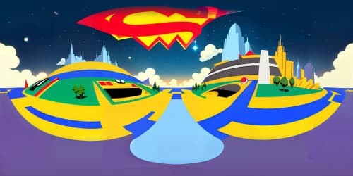 Superman-inspired sky, Kryptonian crystal structures floating, vibrant VR360 Metropolis skyline, high-res comic-style element shading, bold lines, colors. An ultra HQ masterpiece, dynamic VR360 perspective, classic Superman emblem in the clouds.