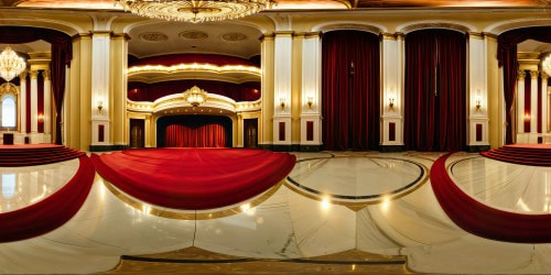 Immaculate grand theater hall, resplendent red velvet curtains, ornate gold accents, polished marble floors, crystal chandeliers casting a warm glow, flawless acoustics, high-definition opulence.