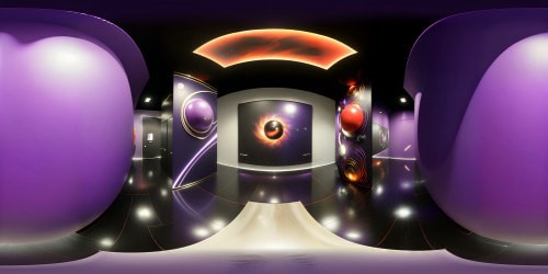 VR360 masterpiece, ultra-high-res textures, abstract expressionism, fluid flowing lines. Dominant sultry mood, black lacquer flooring reflects elegance in VR360 view. Picasso's flair, seed pearl adornment spotlight, power vibes. Resounding bold, red splashes, enigmatic blacks, sensual purples, hint of urgency. Hyperrealistic rendering, controlling power, abstract form. Fiery,