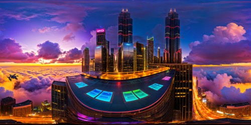 A futuristic cyberpunk metropolis at twilight, neon hues dancing on slickened pavement, colossal skyscrapers adorned with dynamic holographic ads, vibrant streams of holographic vehicles weaving through an immaculate high-definition urban landscape.