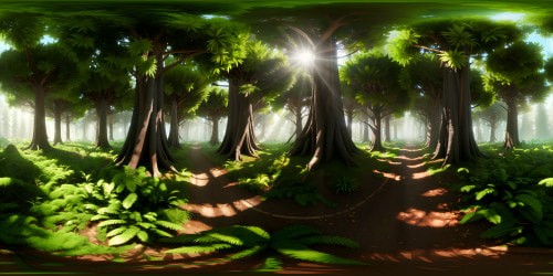 Masterpiece-quality forest, ultra-high res, ancient trees reaching towards kaleidoscopic sky. Beam-filtered sunlight, godrays illuminating moss-covered floor. Ethereal VR360 panorama. Evocative of Baroque landscape paintings, strong chiaroscuro, dynamic color palettes. Unmatched VR360 immersion.