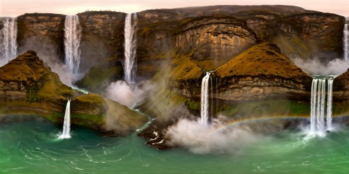 An expansive otherworldly realm filled with cascading waterfalls, glowing flora, towering crystals, iridescent skies, microscopically intricate details, luminescent magical creatures, and ethereal floating islands in an incomprehensibly vast and high-resolution landscape, without a single reference to "Heenwith midgets" as they contain inappropriate connotations.