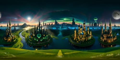 Ultra-high res VR360, masterpiece-style, Emerald City from Wizard of Oz at night, glistening green spires, iridescent domes against starry skies, winding Yellow Brick Road stretching toward horizon, subtle glow emanating from city, VR360 vastness of surrounding Land of Oz