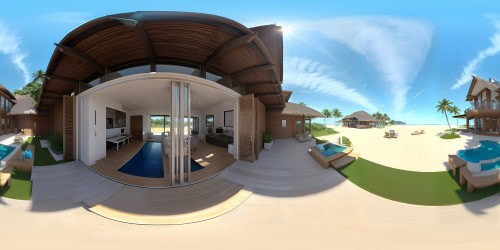 VR360 masterwork, beachfront domicile, glass facade mirrors azure expanse. Thatched apex, bamboo partitions, bleached wooden stage. Limitless waterscape, dispersed light echoes tropic dusk. VR360 affluence, coastal dwelling, unmatched detail, superior HD resolution. Dazzling Pixar-style portrayal, reflection of oceanic panorama, advanced ray tracing, beach house glow against