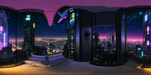 Luxuriating in the impeccable, flawless comfort of a queen-sized bed within a high-rise penthouse, gazing out at a cyberpunk cityscape bustling with neon lights, hovering cars, glittering stars above the smog-filled horizon, and a vibrant array of angled signs. A high-resolution masterpiece capturing the essence of a futuristic urban skyline.