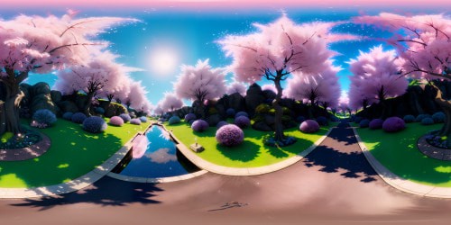 Ultra-high-res VR360 view, masterpiece anime romance, delicate cherry blossom trees, cascading pink petals. Origami birds in flight, trails of pixie dust, ethereal fairies glittering. Subdued color palette, twilight luminescence, VR360 perspective. Ideal for immersive, tranquil exploration.