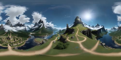 Ultra-high-res VR360 fantasy, Lord of the Rings-inspired masterpiece, expansive Middle-Earth landscape. Misty peaks, mighty forests, dwarf mines, elven glades. Enigmatic, elegant style, Pixar-like detailing, ethereal glow, complex spatial depth.