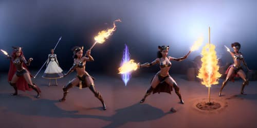 three african american sorceresses with flaming swords. they are fighting winged female carrying a magic staff. they are sexy.