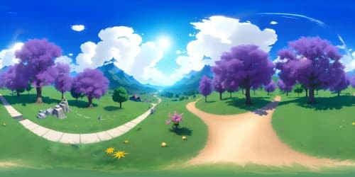 VR360 Pokémon world, ultra-high resolution, vibrant colors, fantasy anime style. Towering, majestic Pokémon statues, radiant, misty Pokeballs, viridescent trees, crystalline stream. VR360 backdrop, swirling, star-filled sky.