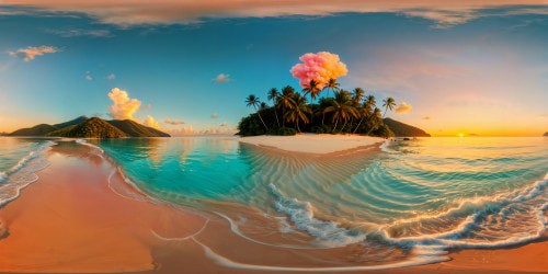 A flawless, awe-inspiring tropical beach at golden hour, with pristine white sands, crystal clear turquoise waters, vibrant coral reefs visible beneath the surface, swaying palm trees, and a cotton candy sky painted in hues of pink and orange. Every grain of sand and ripple of water captured in perfect ultra-high resolution detail, a true visual masterpiece.