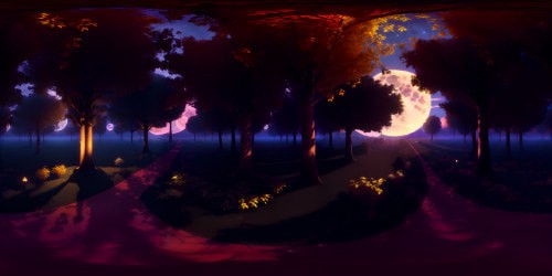 "Masterpiece quality, VR360 of Scorpios Rex silhouette against full moon, ultra high-res. Night ambiance, moonlight casting eerie shadows. VR360 perspective of towering trees, exotic foliage. Brushwork-embellished leaves sparkling in moonlight, style akin to baroque art."