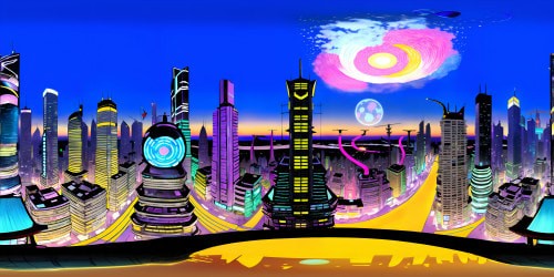 VR360 cityscape, skyscrapers adorned with glistening lights, crystalline bridges, glazed parks. Futuristic, cyberpunk aesthetics, vibrant neon hues against somber steel grays. Ultra-high resolution, VR360 panoramic view, flawlessly crafted. Pixellation, a distant memory. Pixel-perfect precision, a masterpiece.