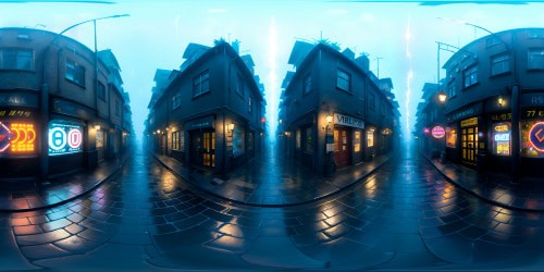 VR360: Glossy wet cobblestones, cityscape at twilight, raindroplets on illuminated windows. High-resolution, oil-painted rain streaks. Surreal play of reflections, vibrant neon signs, mysterious alleyways. VR360: Eerie silhouette skyscrapers against dark, cloud-laden sky, masterpiece-worthy composition.