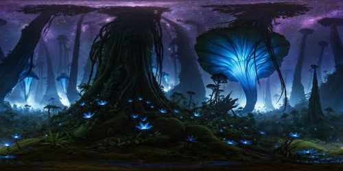 Vast alien forest on Pandora under a starlit sky, colossal bioluminescent flora casting an enchanting cerulean light, creating a mesmerizing and vibrant 8K masterpiece à la James Cameron's Avatar.