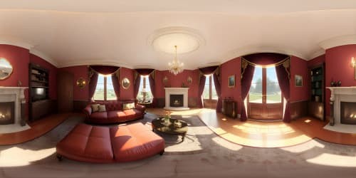 Elegant VR360 domestic setting, vintage-wine-colored living room, plush velvet sofa, ornately embroidered cushions, crystal chandelier, hardwood floor, grand fireplace with ornate gold mantel. Style: Hyperrealistic, meticulous attention to detail, rich, high-resolution textures, ultra-HD VR360 light play, shadows and reflections, slight Pixar-style exaggeration for charm.