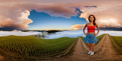 young girl. athleic and small chested. straight brown hair.  standing in anopen field.  wearing a light blue denim skirt and a red tube top.  very happy and welcoming