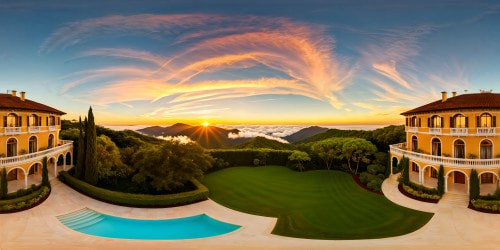 A luxurious villa house standing proudly under the golden rays of a flawless sunset, with intricate architectural details, sparkling reflection on the windows, lush manicured gardens, and a picture-perfect pool glistening in the dying light of the day.